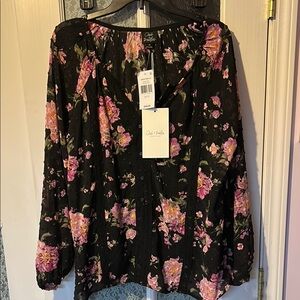 Pink and Black Floral Long Sleeve Blouse
